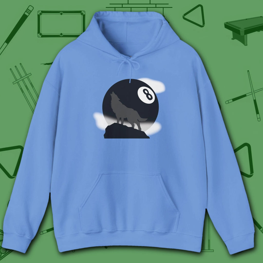 Howling Wolf Hoodie, in Carolina Blue color, billiards hoodie, front view