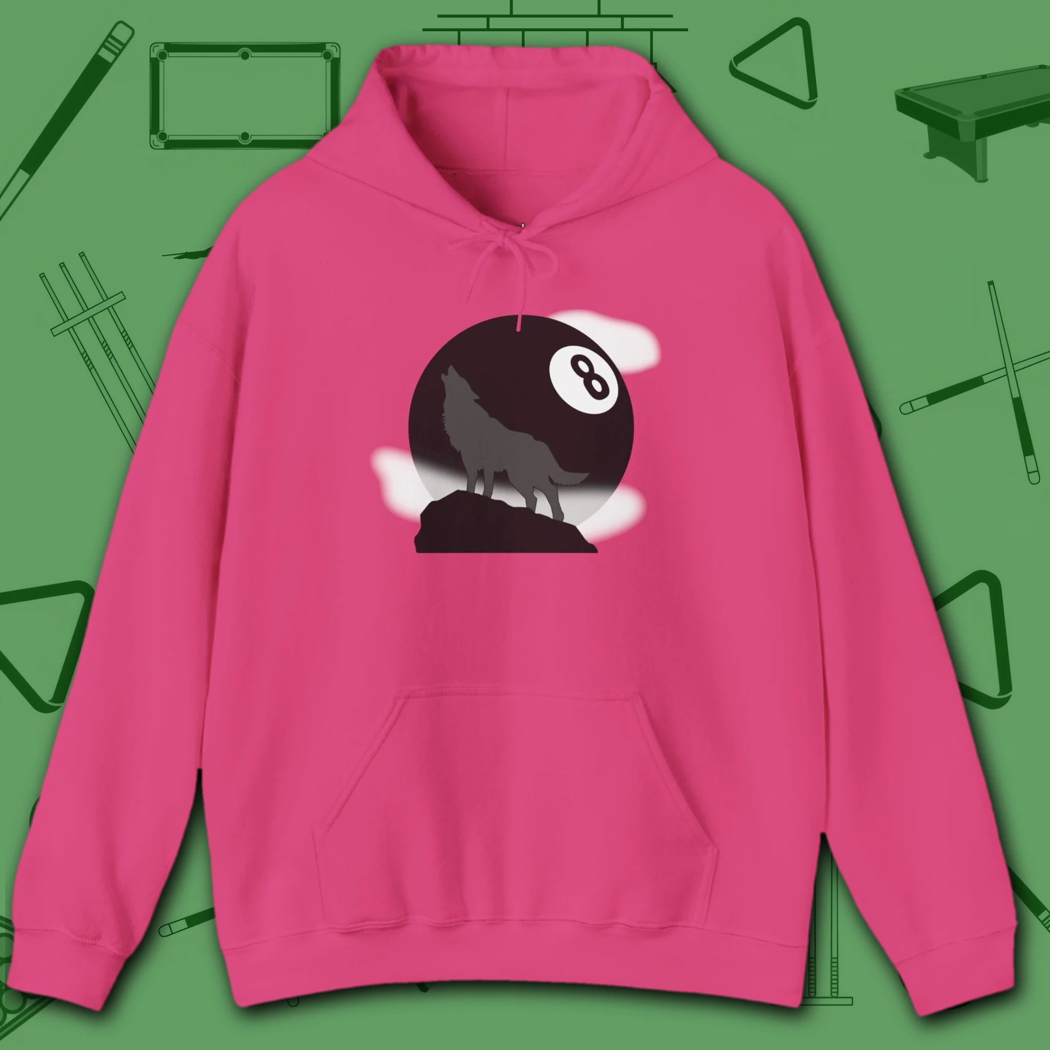 Howling Wolf Hoodie, in Heliconia color, billiards hoodie, front view