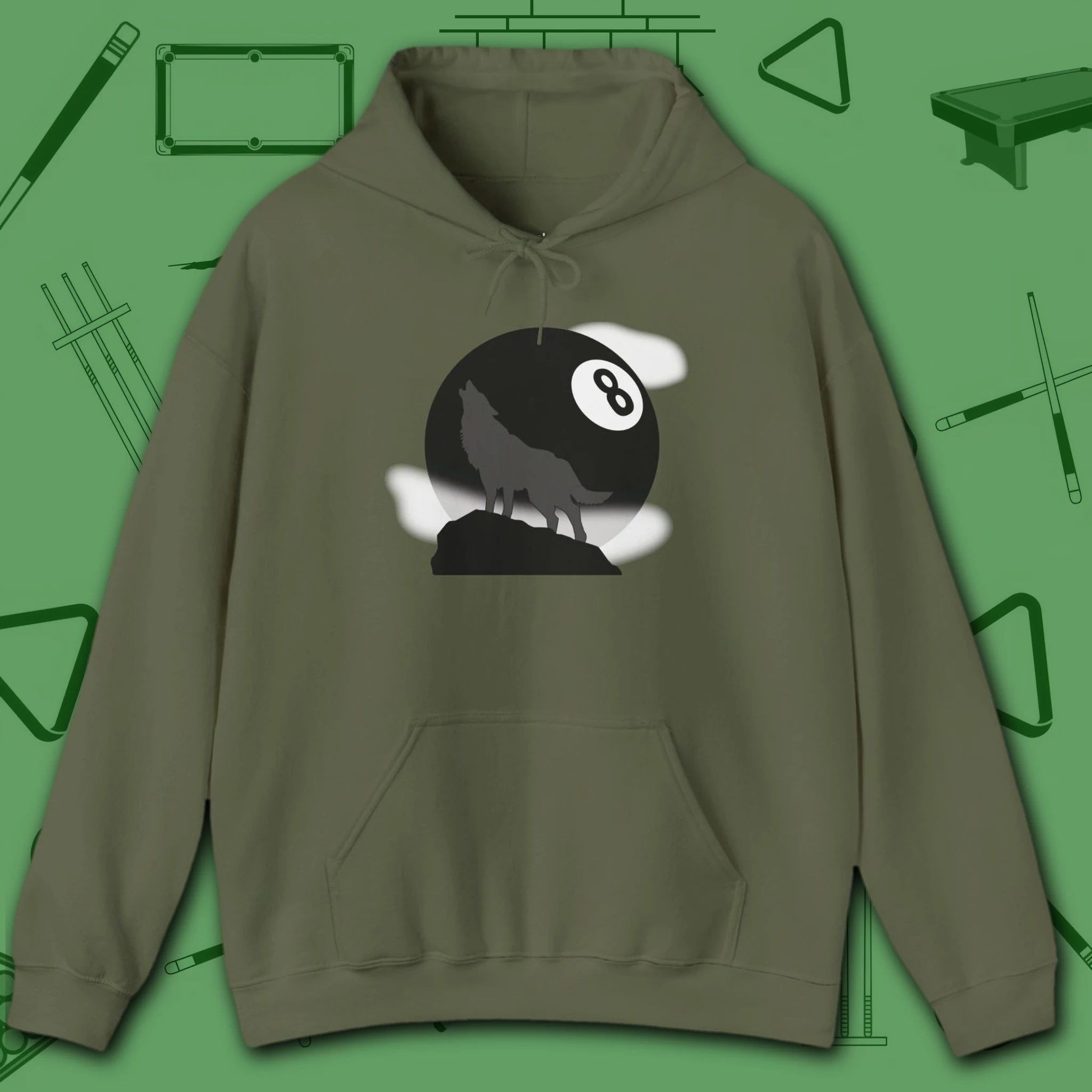 Howling Wolf Hoodie, in Military Green color, billiards hoodie, front view