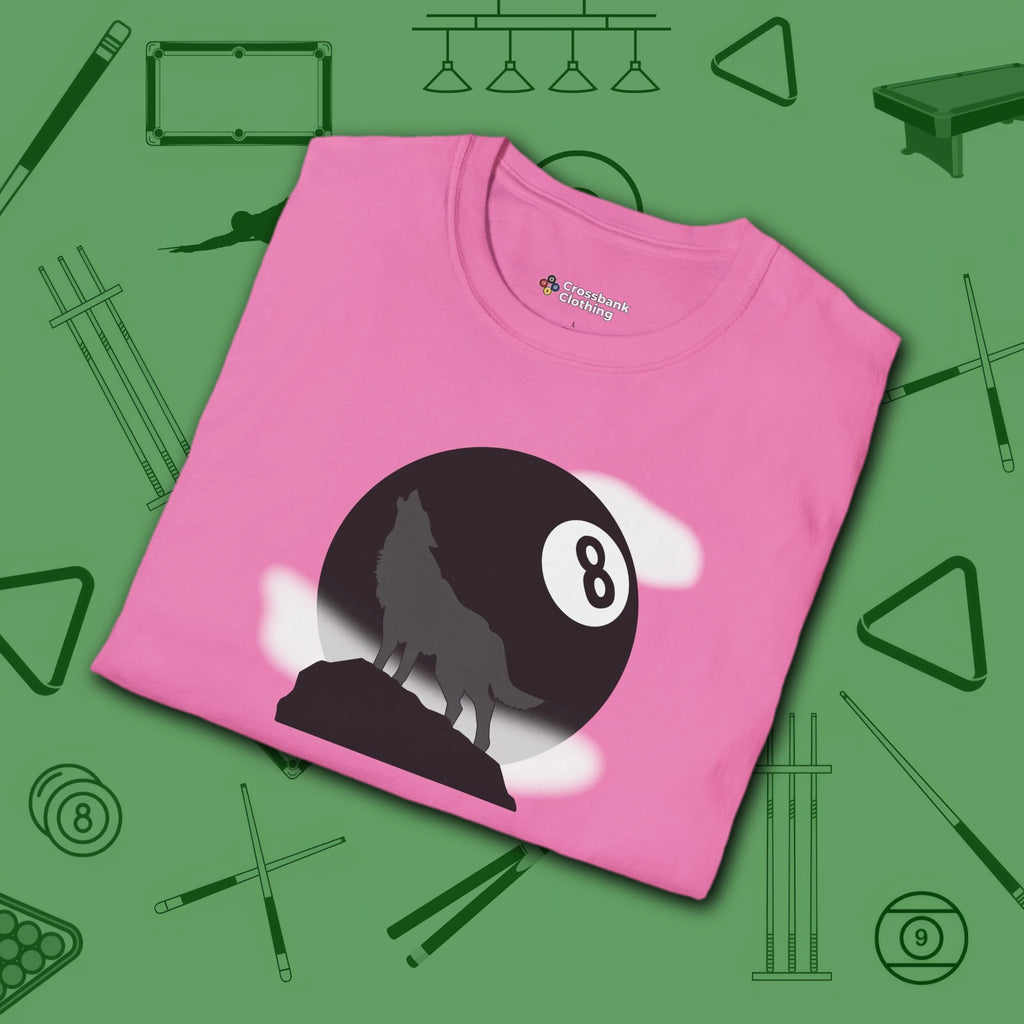 Howling Wolf T-Shirt, in Azalea color, billiards shirt, folded view
