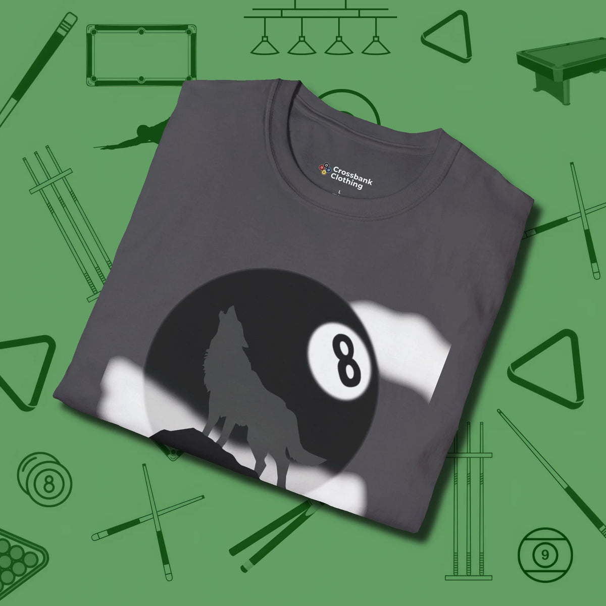 Eight Ball Wolf T-Shirt, folded view, in Charcoal for shooters who dress like they play: sharp