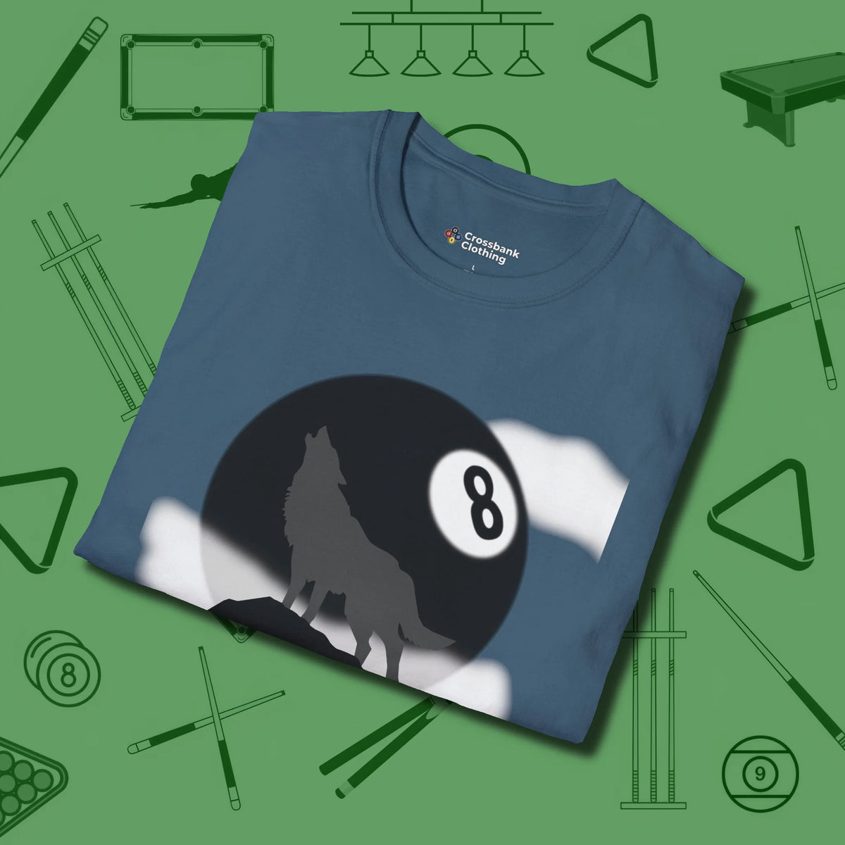 Eight Ball Wolf T-Shirt, folded view, in Indigo Blue not your average 8-ball graphic tee