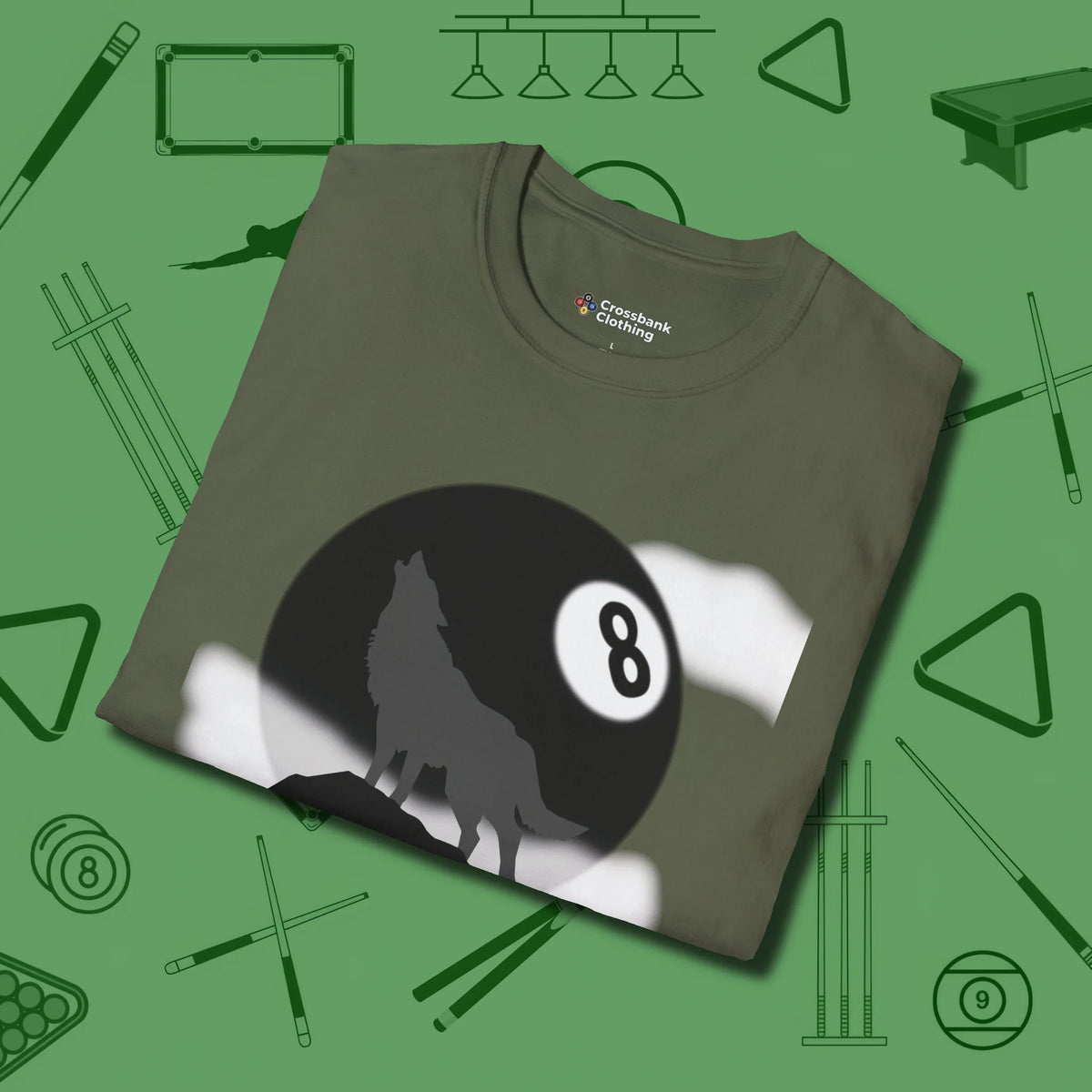Eight Ball Wolf T-Shirt, folded view, in Military Green confidence stitched in every seam