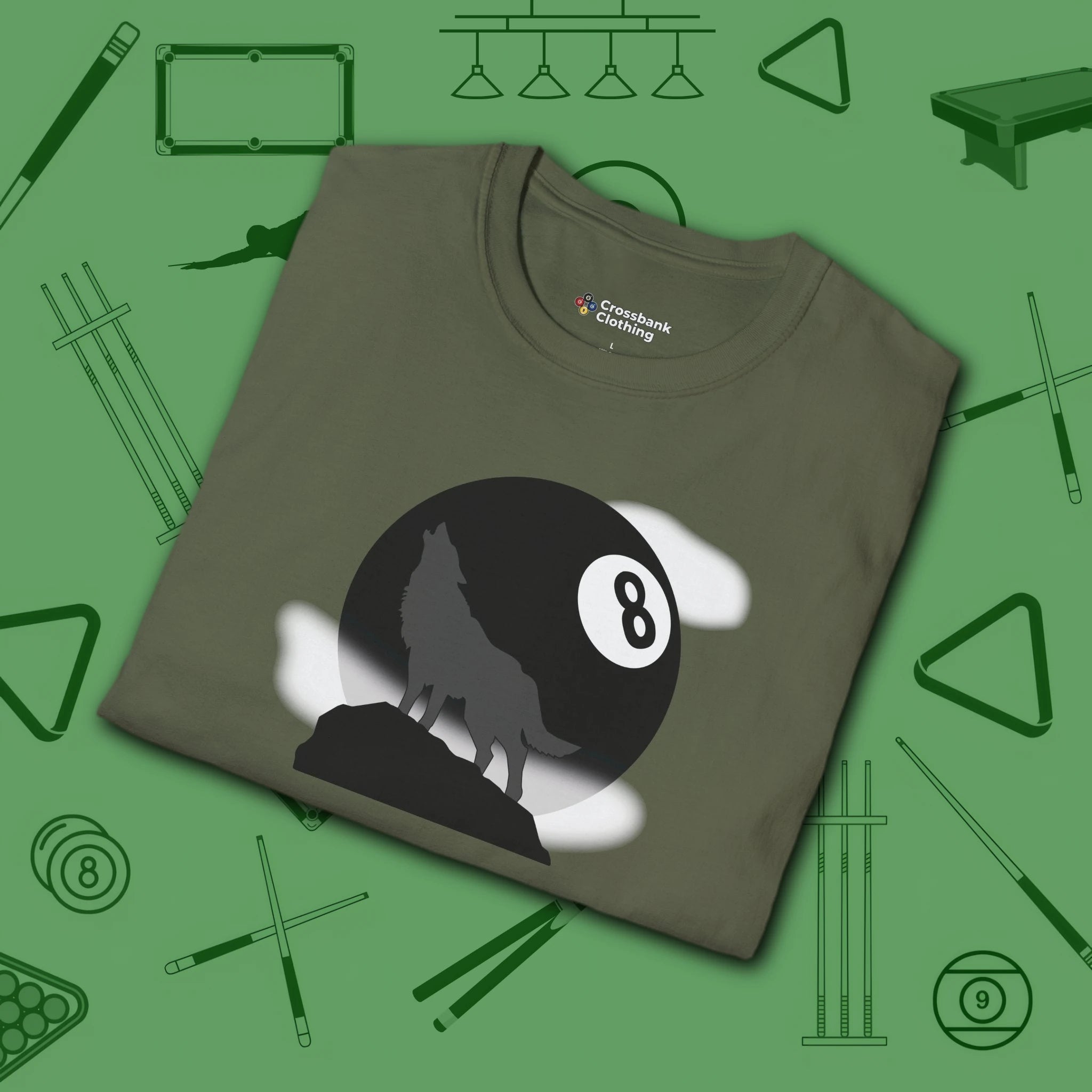 Howling Wolf T-Shirt, in Military Green color, billiards shirt, folded view