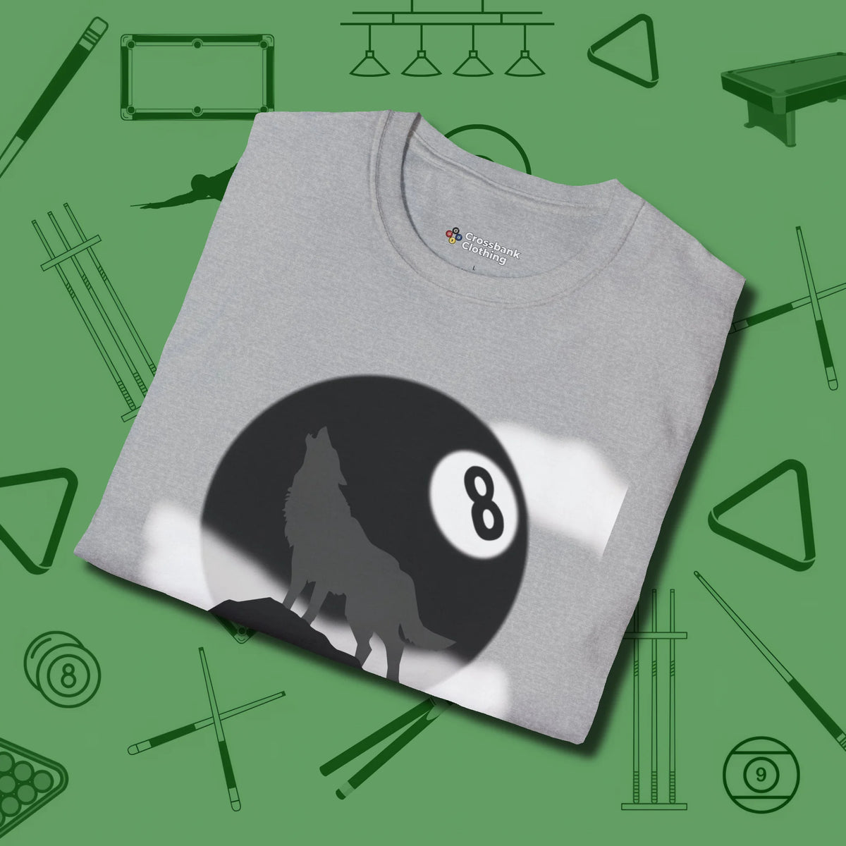 Eight Ball Wolf T-Shirt, folded view, in Sport Grey attitude built for the long haul