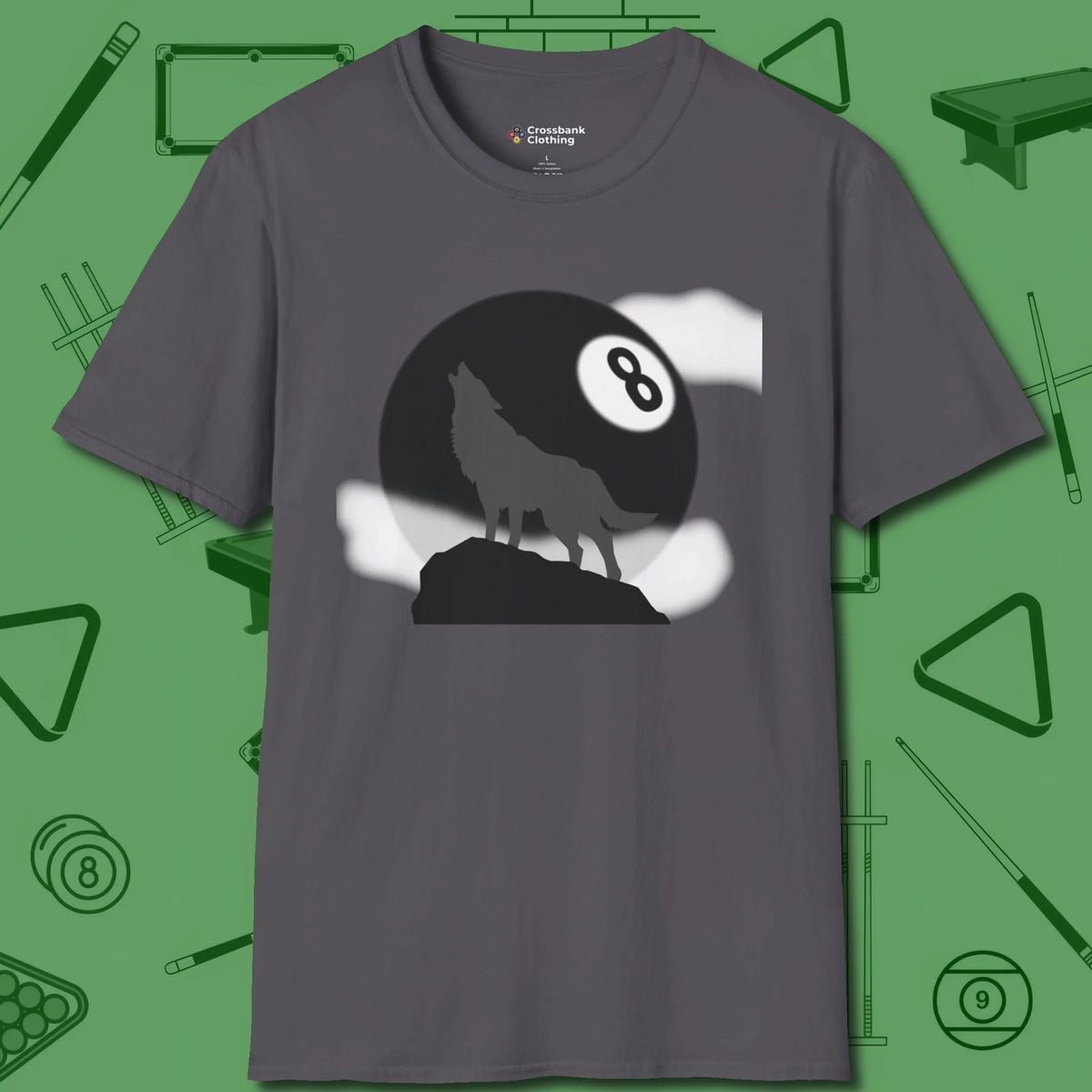 Eight Ball Wolf T-Shirt, front view, in Charcoal for shooters who dress like they play: sharp