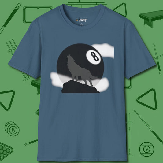 Eight Ball Wolf T-Shirt, front view, in Indigo Blue break, run out, turn heads — repeat
