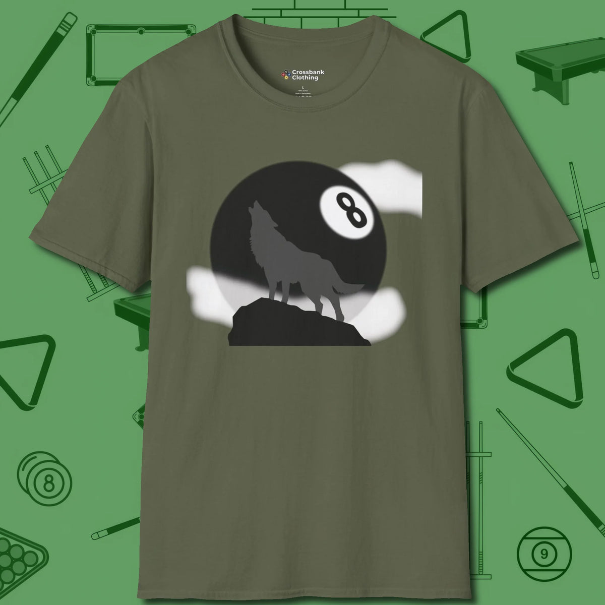 Eight Ball Wolf T-Shirt, front view, in Military Green where style and cue discipline collide