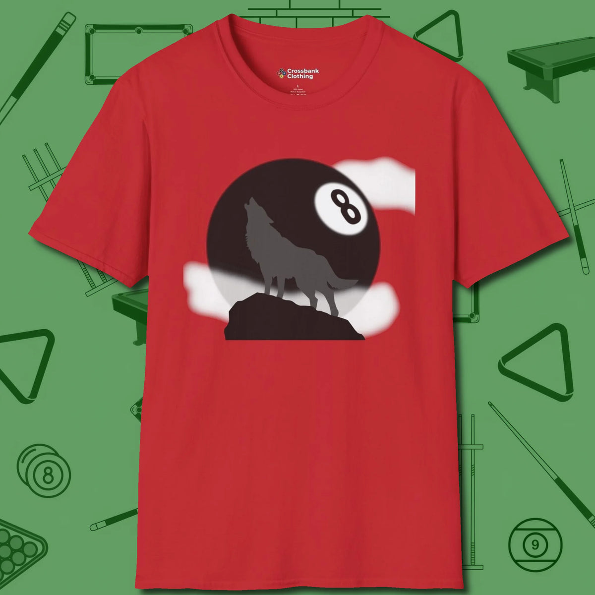 Eight Ball Wolf T-Shirt, front view, in Red subtle drip for serious shooters