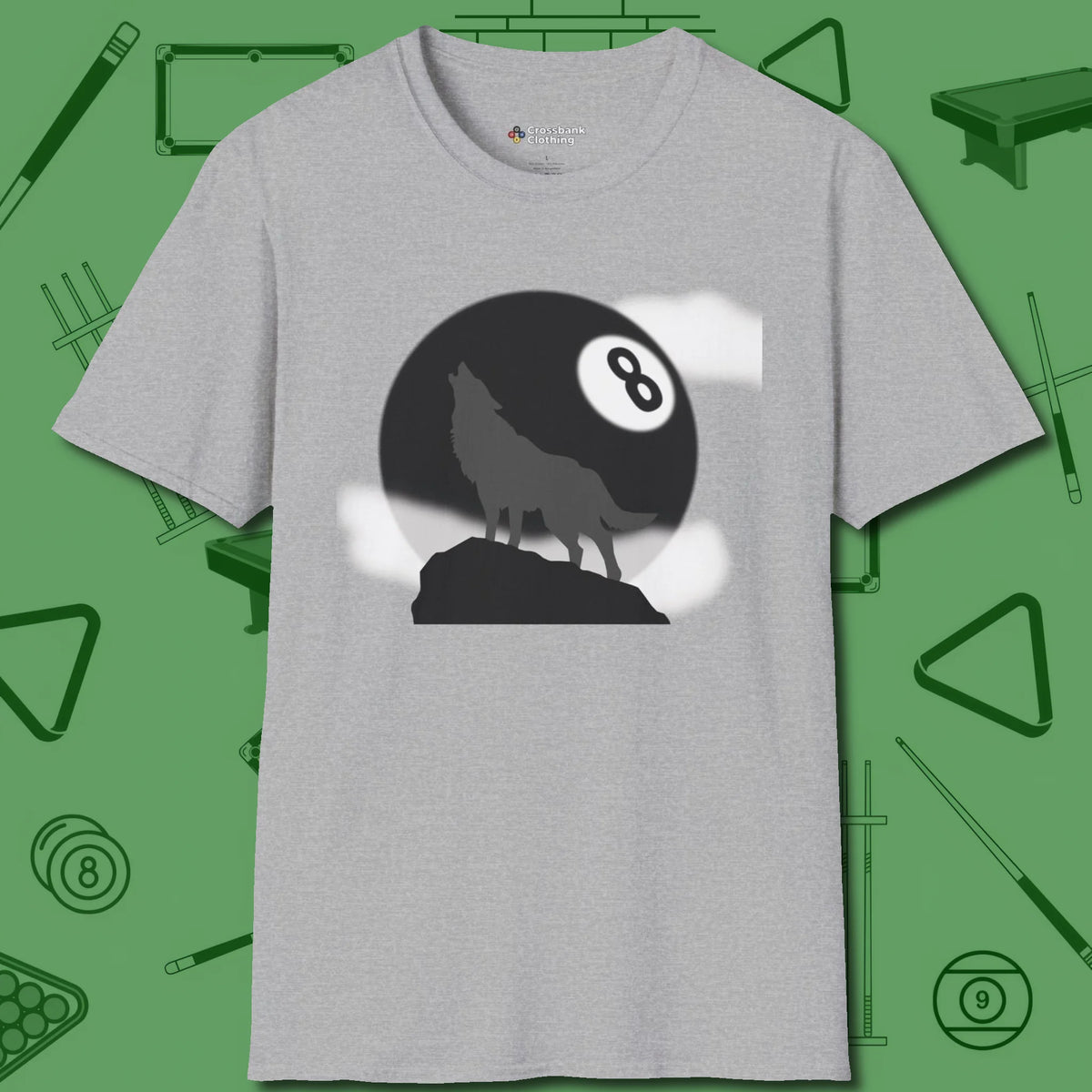 Eight Ball Wolf T-Shirt, front view, in Sport Grey where style and cue discipline collide