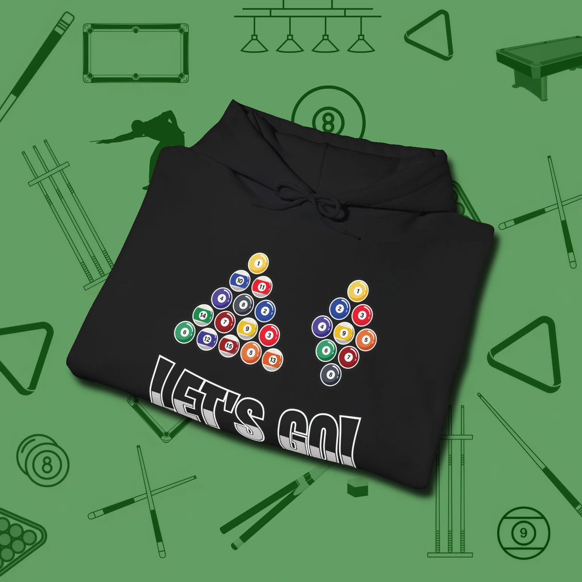 Eight & Nine Ball Let's Go Hoodie, folded view, in Black subtle drip for serious shooters