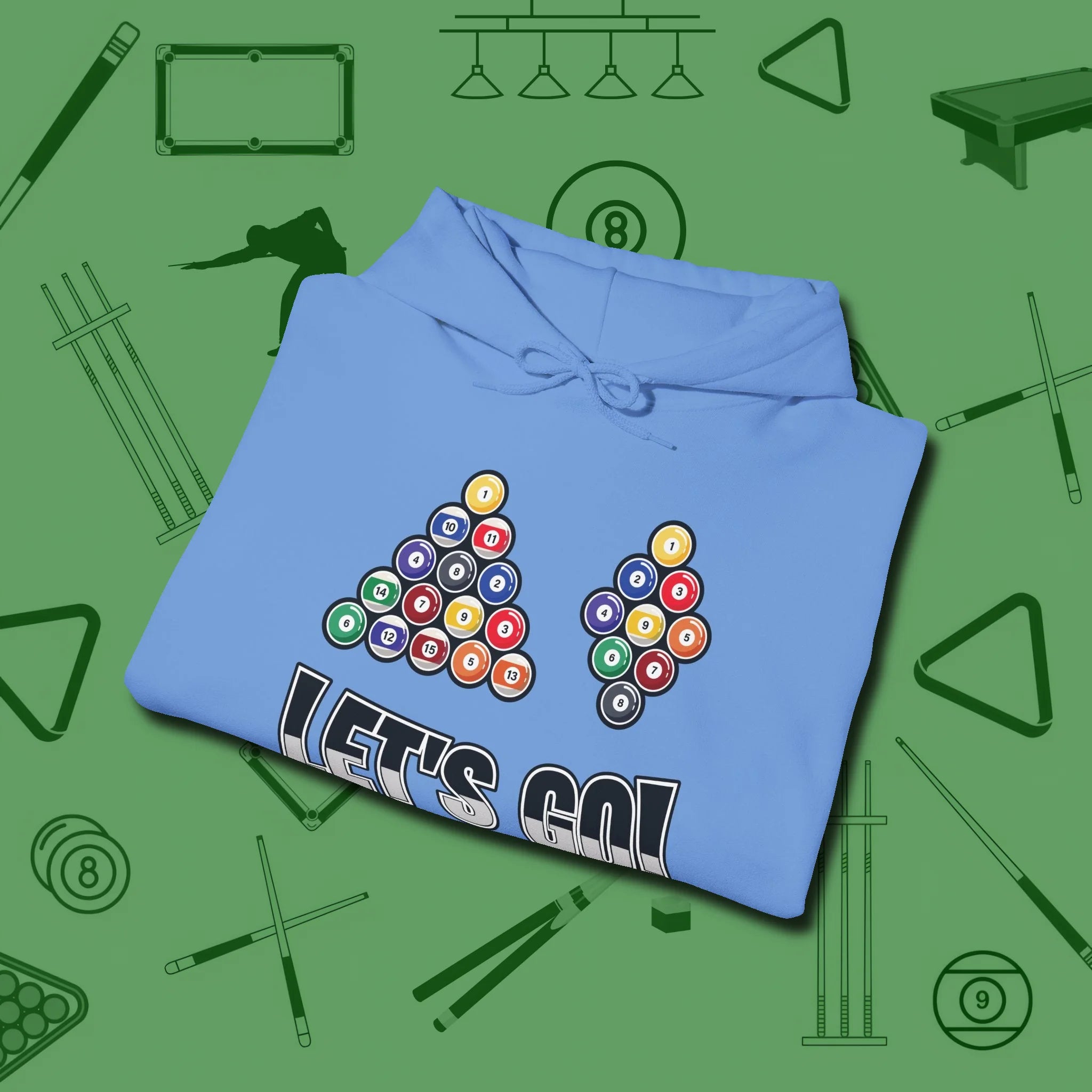 Eight & Nine Ball Let's Go Hoodie, folded view, in Carolina Blue put your best game on display