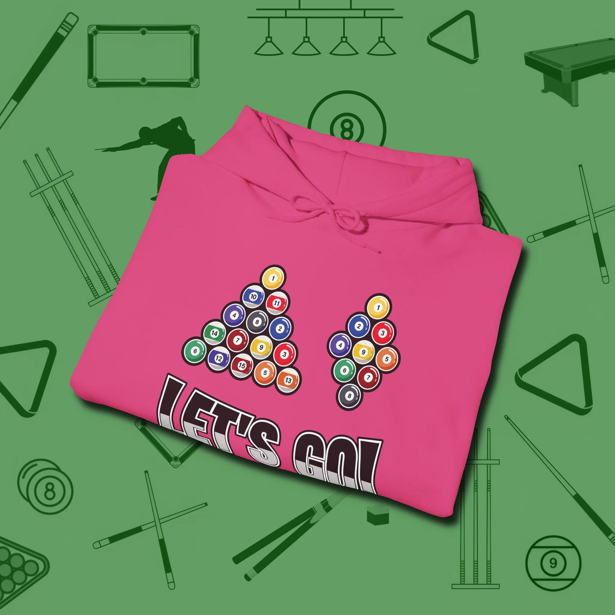 Eight & Nine Ball Let's Go Hoodie, folded view, in Heliconia play in style, win in silence