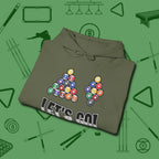 Eight & Nine Ball Let's Go Hoodie, folded view, in Military Green cool enough for a corner pocket finish
