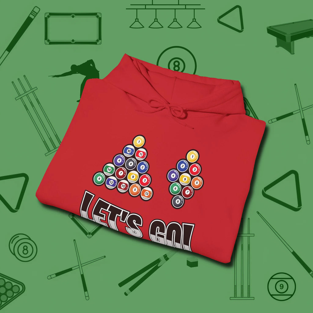 Eight & Nine Ball Let's Go Hoodie, folded view, in Red for shooters who dress like they play: sharp