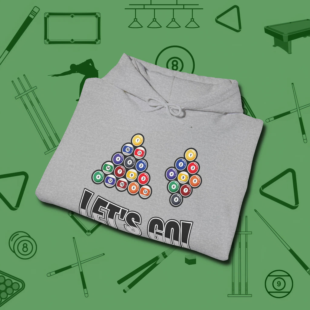 Eight & Nine Ball Let's Go Hoodie, folded view, in Sport Grey subtle drip for serious shooters