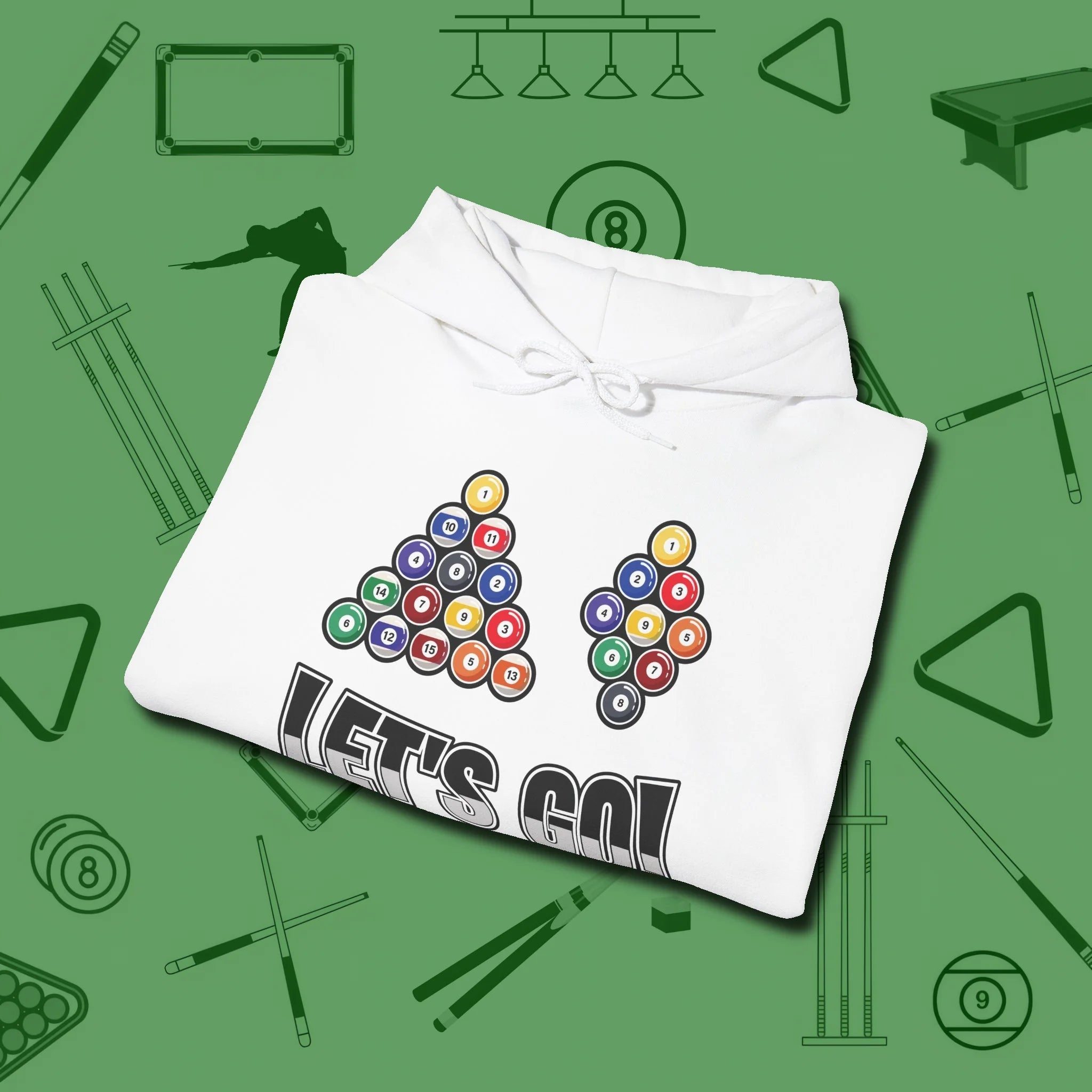 Eight & Nine Ball Let's Go Hoodie, folded view, in White clean lines for dirty minds