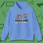 Eight & Nine Ball Let's Go Hoodie, front view, in Carolina Blue break, run out, turn heads — repeat
