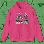 Eight & Nine Ball Let's Go Hoodie, front view, in Heliconia the official uniform of the after-hours crew