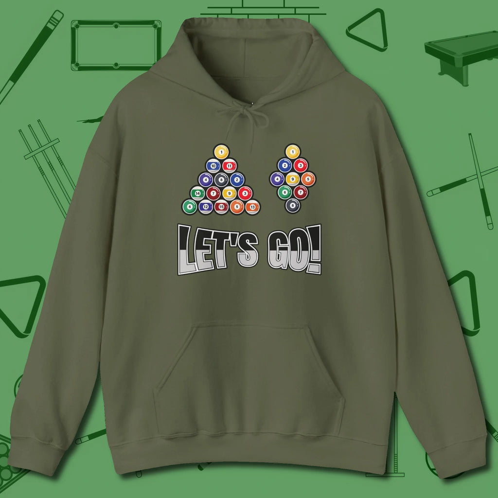 Eight & Nine Ball Let's Go Hoodie, front view, in Military Green stitched for cue discipline and cool confidence