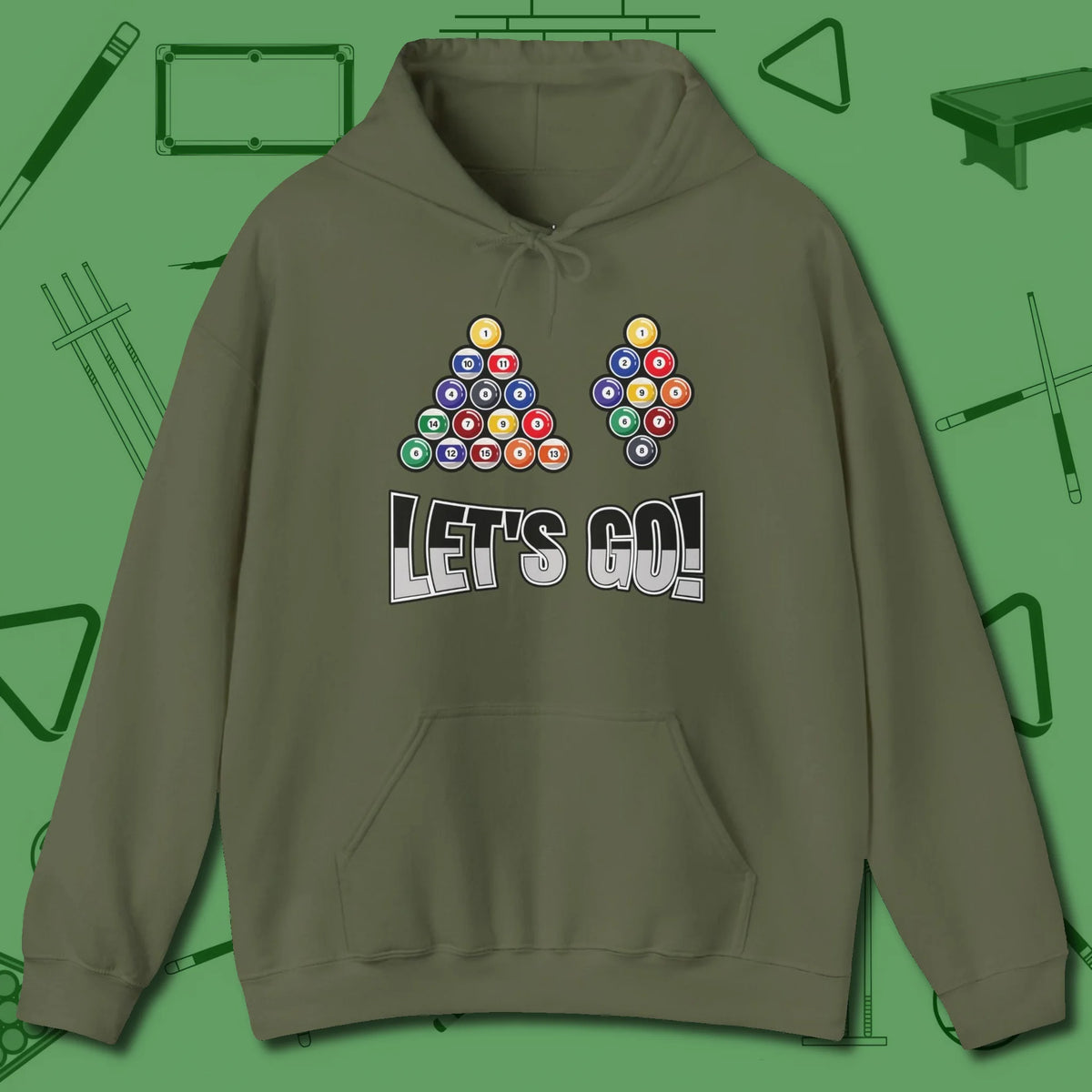 Eight & Nine Ball Let's Go Hoodie, front view, in Military Green stitched for cue discipline and cool confidence