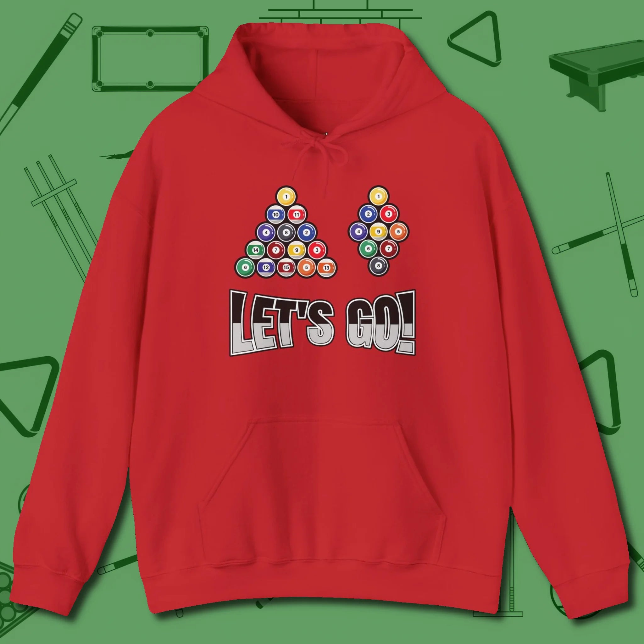 Eight & Nine Ball Let's Go Hoodie, front view, in Red make every shot — and outfit — count