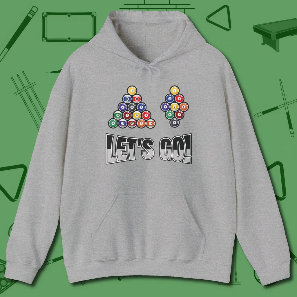 Eight & Nine Ball Let's Go Hoodie, front view, in Sport Grey the official uniform of the after-hours crew