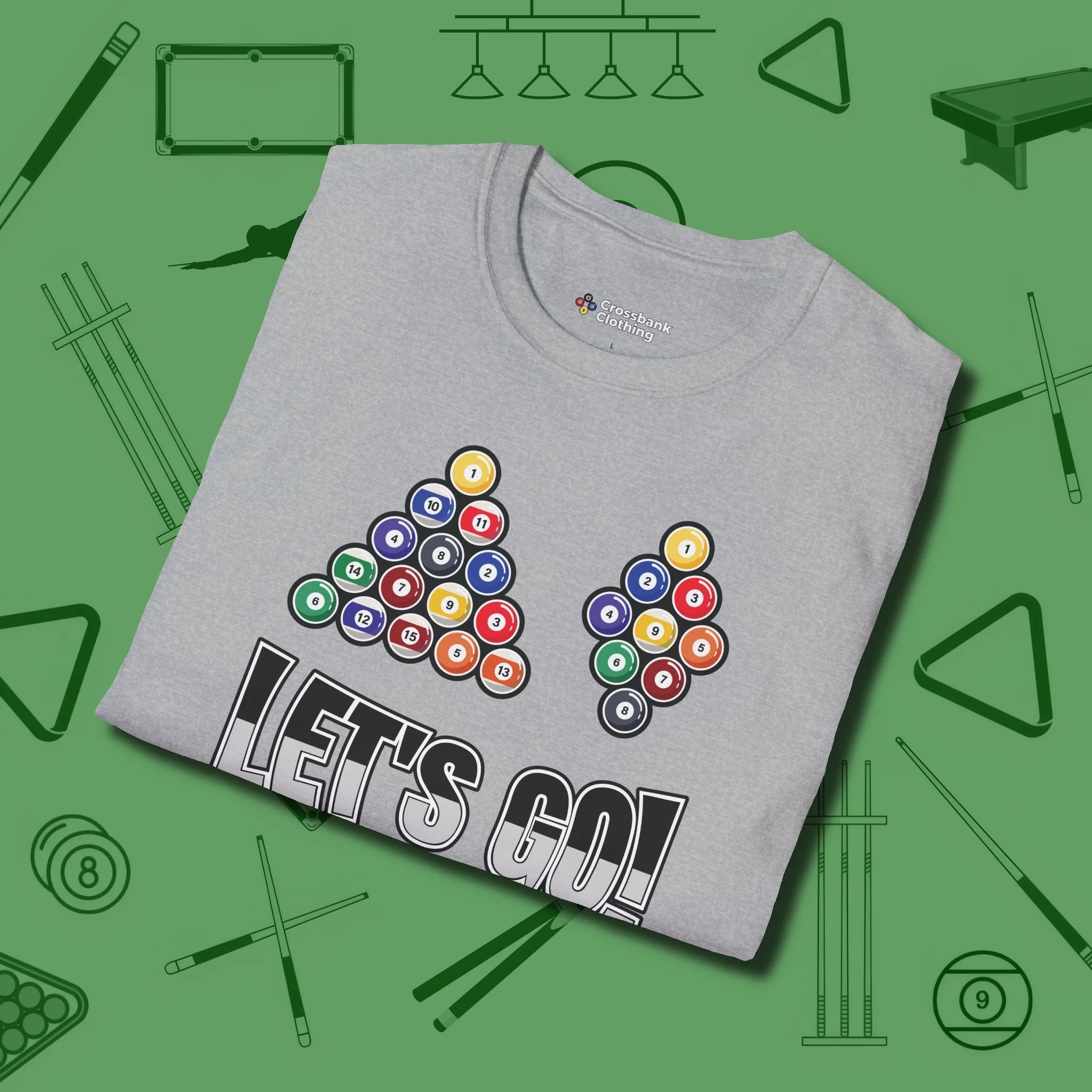Eight & Nine Ball Let's Go T-Shirt, folded view, in Sport Grey precise, confident, always in control