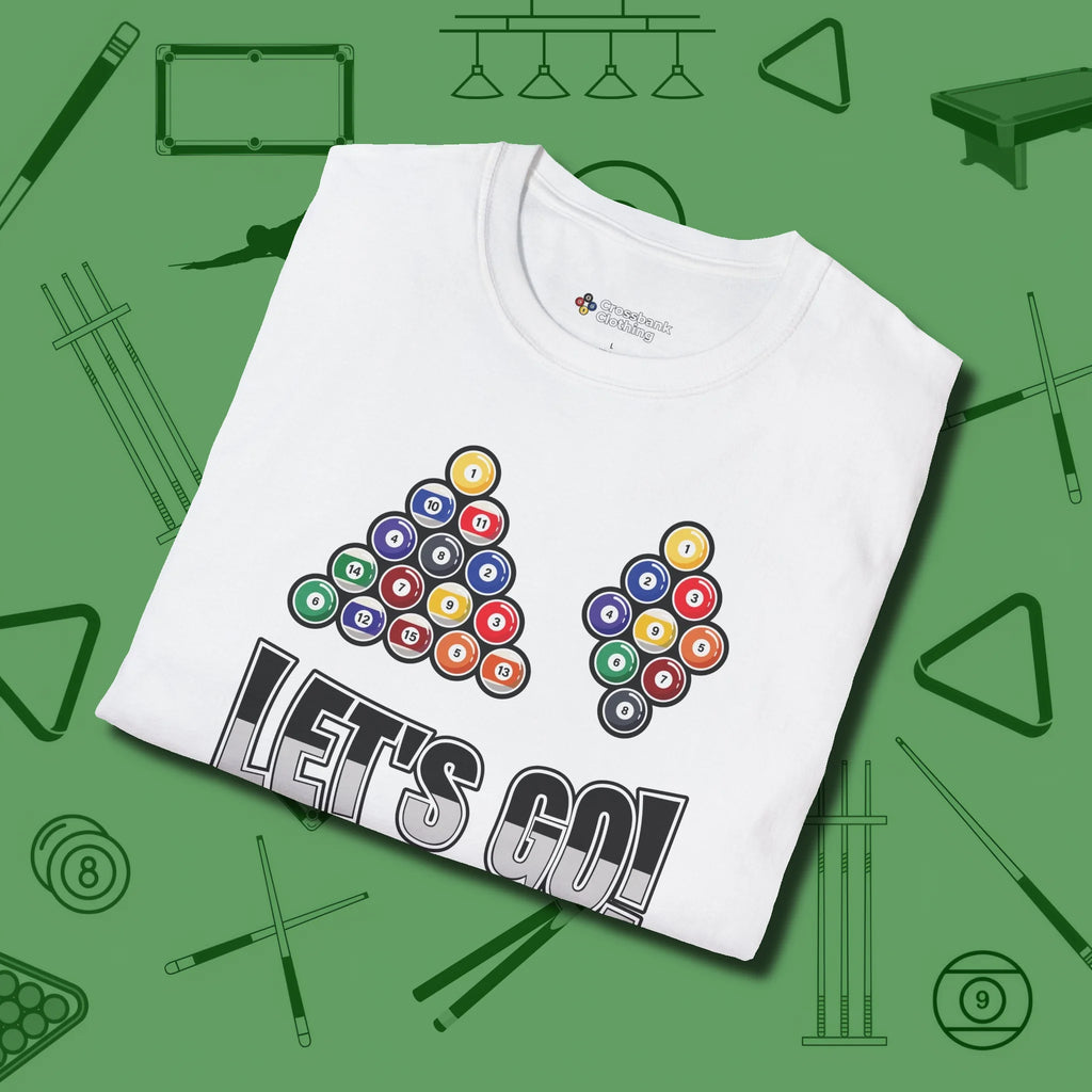 Eight & Nine Ball Let's Go T-Shirt, folded view, in White cue sports swagger done right