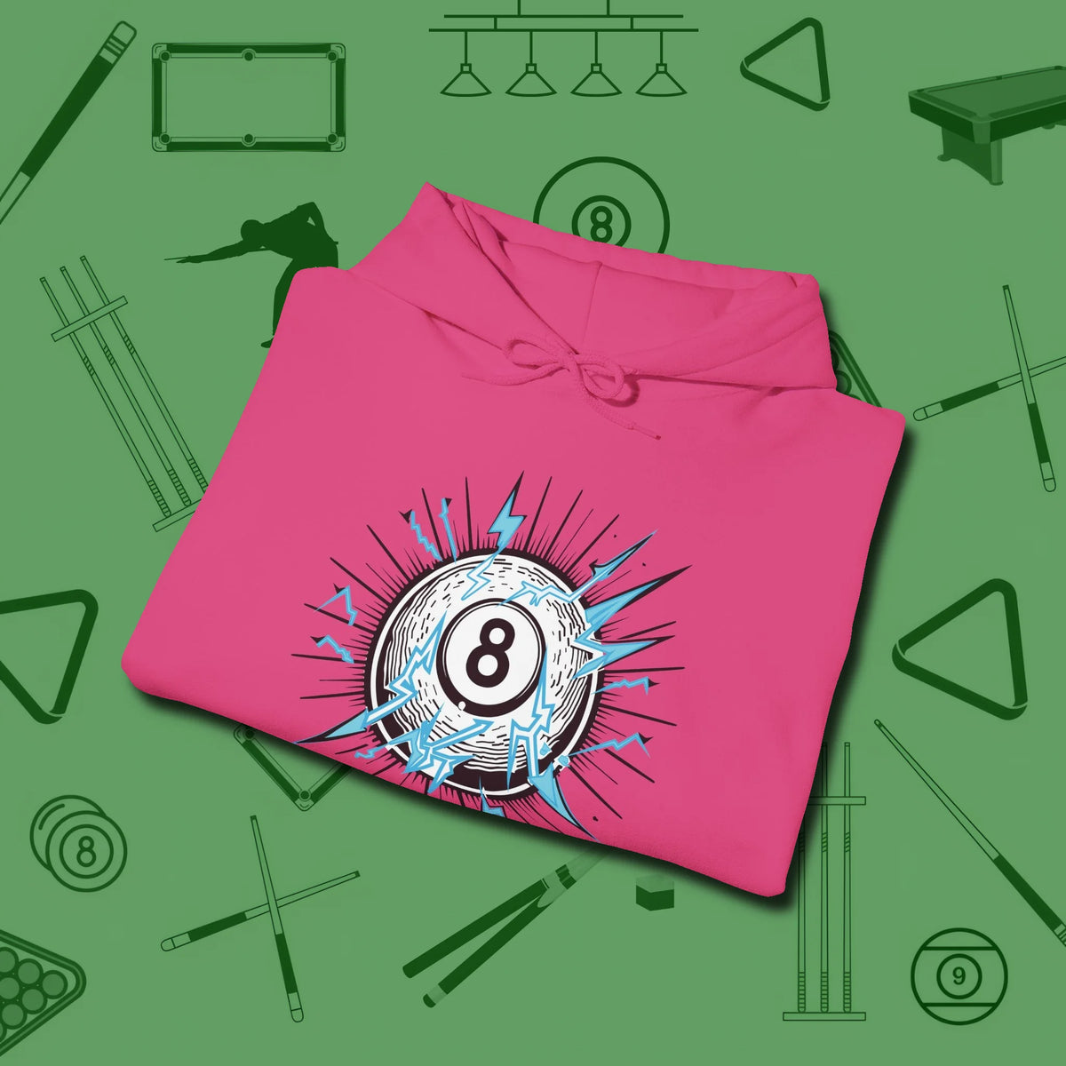 Electric Charge Eight Ball Hoodie, folded view, in Heliconia cool under pressure, hot on the eyes