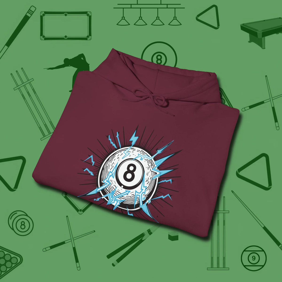 Electric Charge Eight Ball Hoodie, folded view, in Maroon styled to dominate from rack to run-out