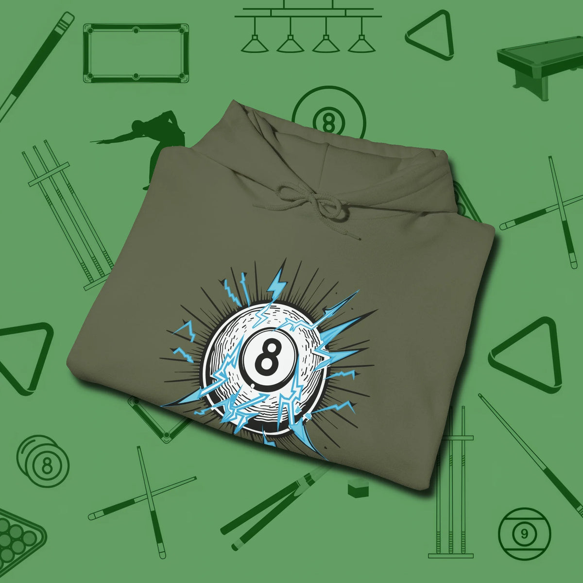 Electric Charge Eight Ball Hoodie, folded view, in Military Green confidence stitched in every seam