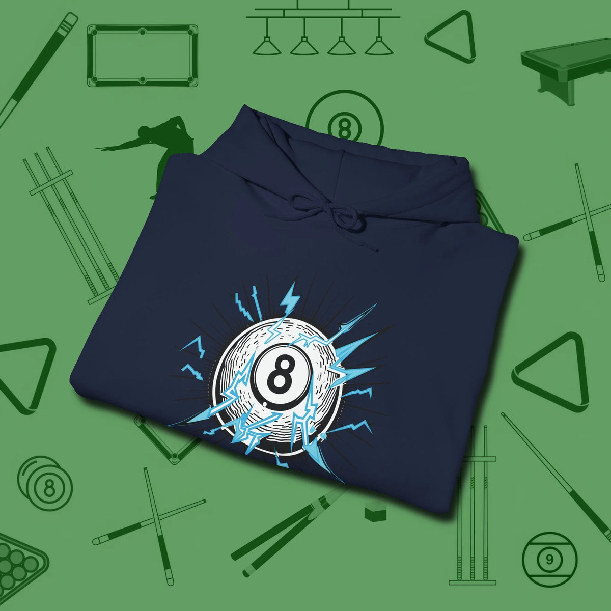 Electric Charge Eight Ball Hoodie, folded view, in Navy where cue control meets personal style