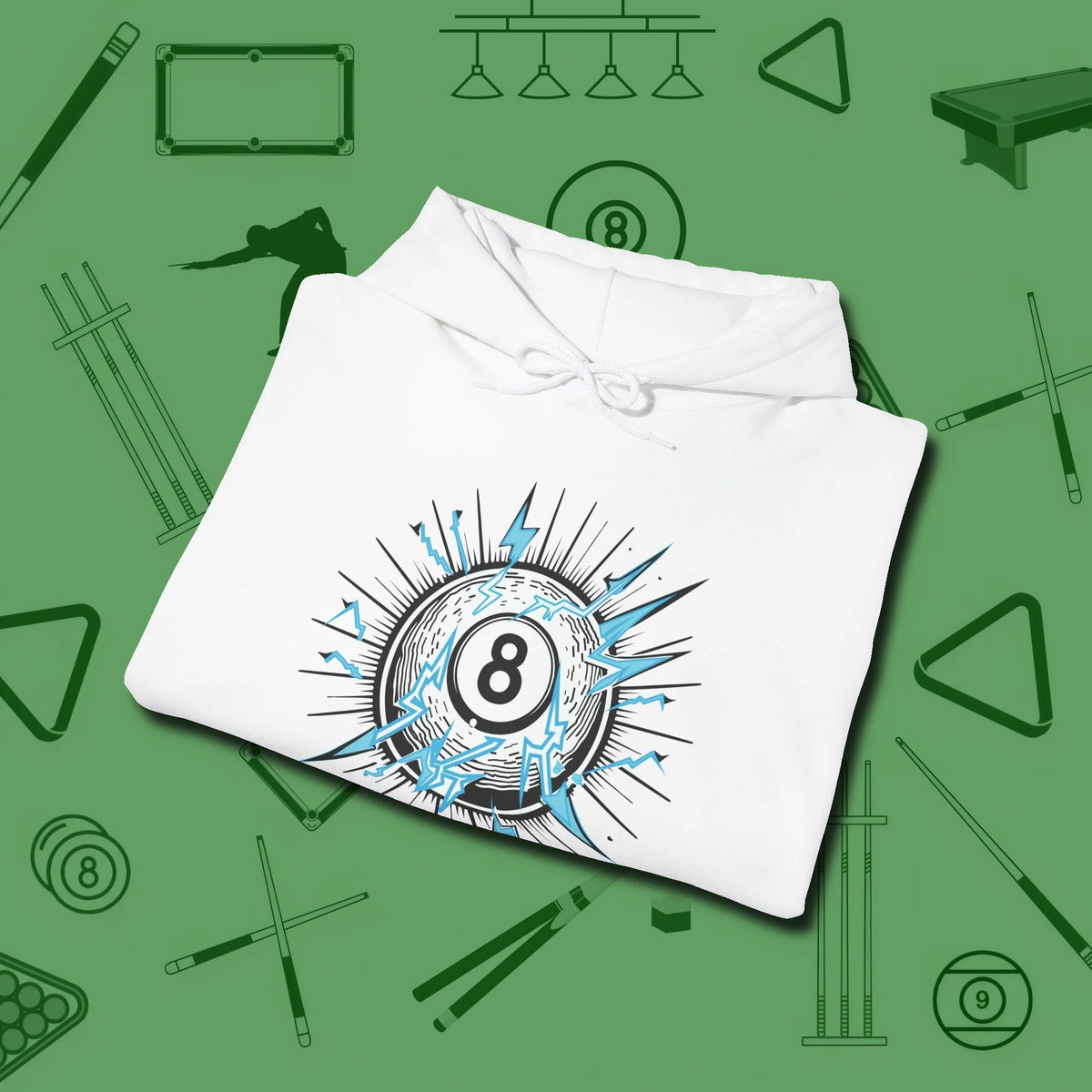 Electric Charge Eight Ball Hoodie, folded view, in White play in style, win in silence