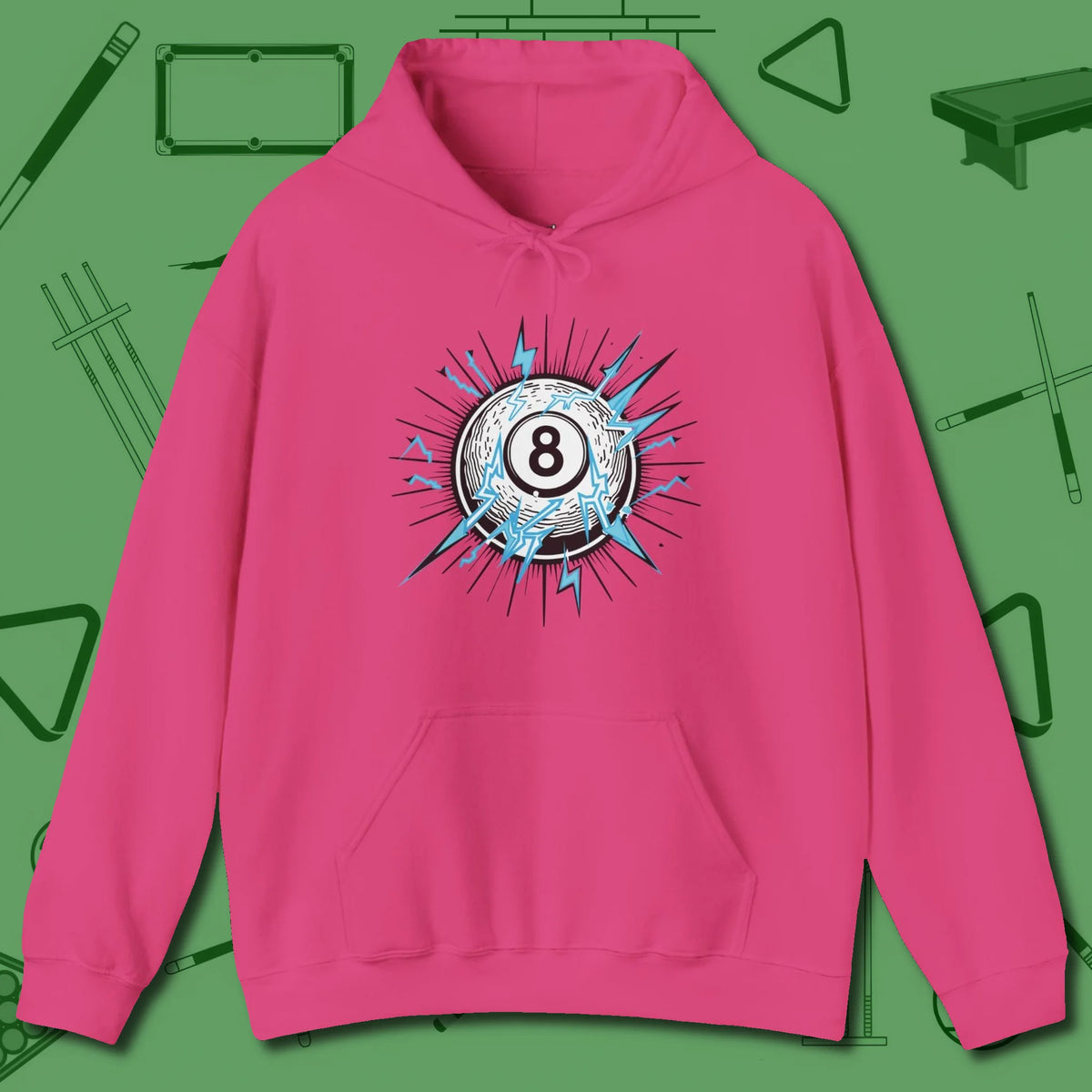 Electric Charge Eight Ball Hoodie, front view, in Heliconia your secret weapon off the table