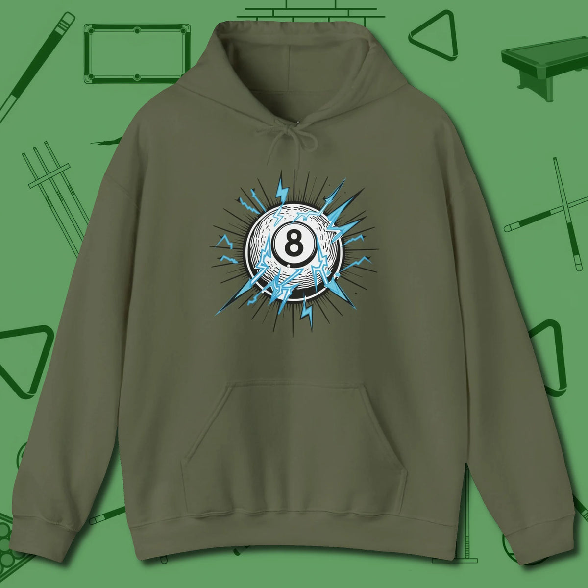 Electric Charge Eight Ball Hoodie, front view, in Military Green fashion with break-and-run energy