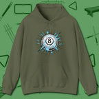 Electric Charge Eight Ball Hoodie, front view, in Military Green fashion with break-and-run energy