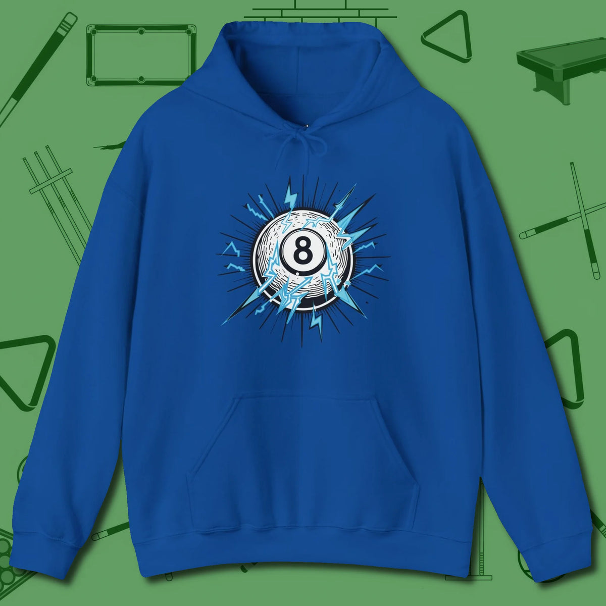 Electric Charge Eight Ball Hoodie, front view, in Royal dress for the shot you want to take