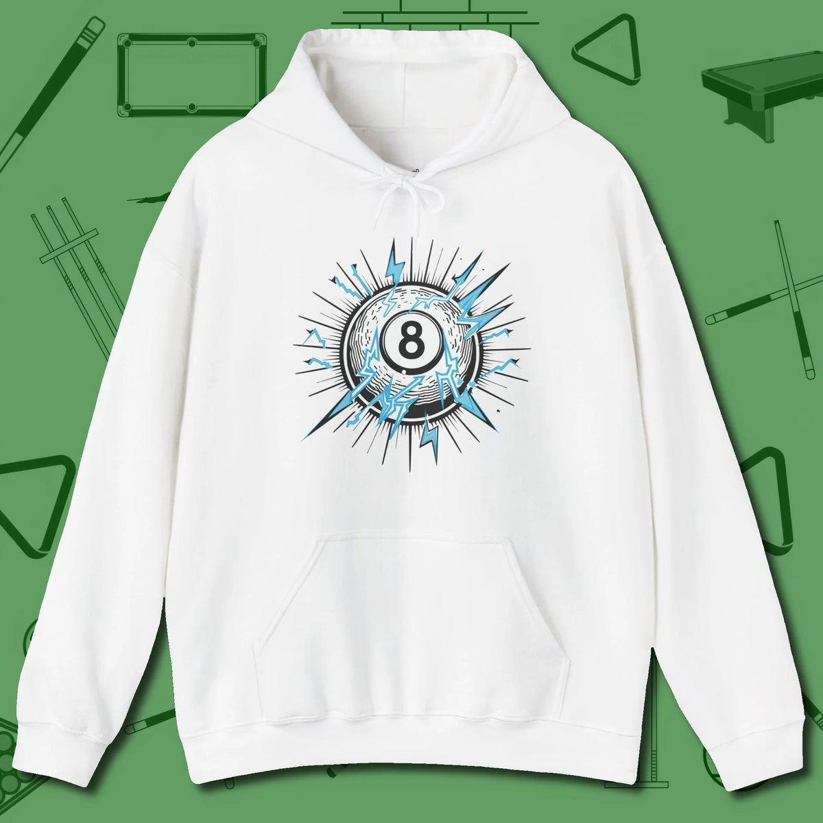 Electric Charge Eight Ball Hoodie, front view, in White strike fear with swagger and precision