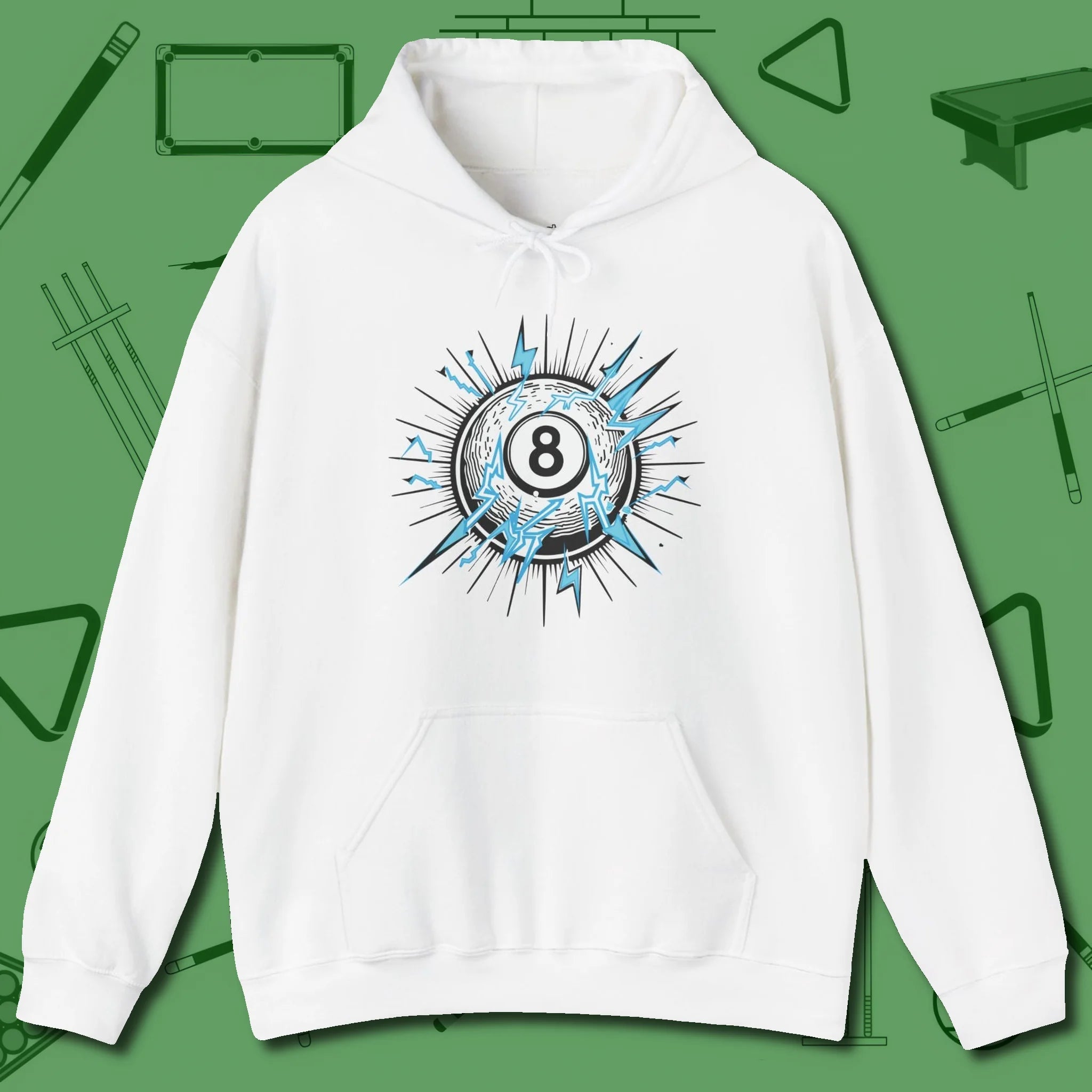 Electric Charge Eight Ball Hoodie, front view, in White strike fear with swagger and precision