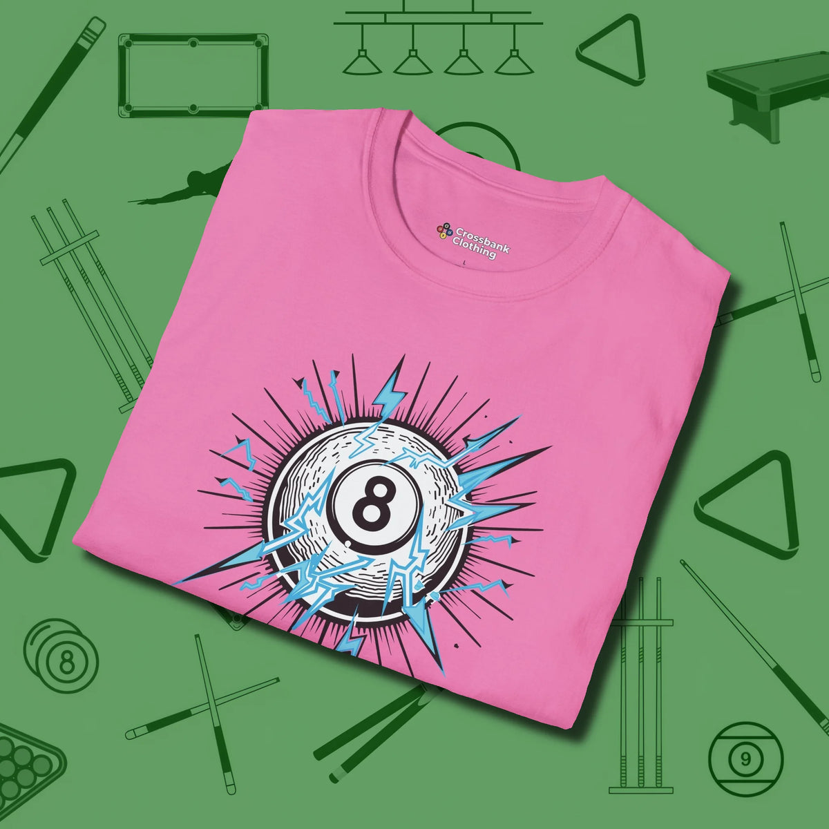 Electric Charge Eight Ball T-Shirt, folded view, in Azalea perfect for players with quiet fire