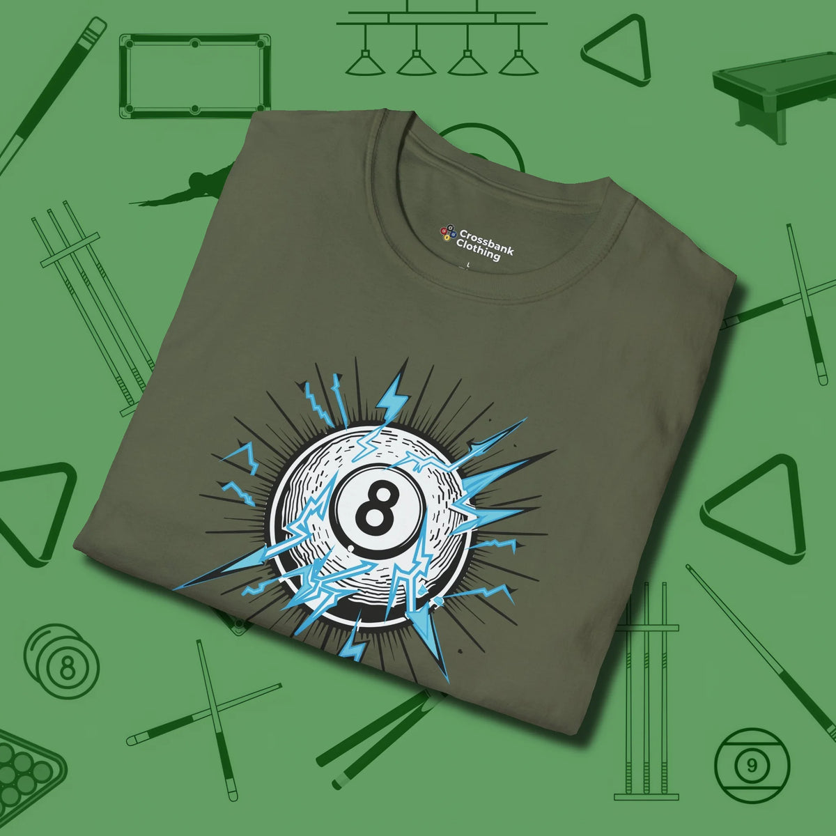 Electric Charge Eight Ball T-Shirt, folded view, in Military Green dress for the shot you want to take