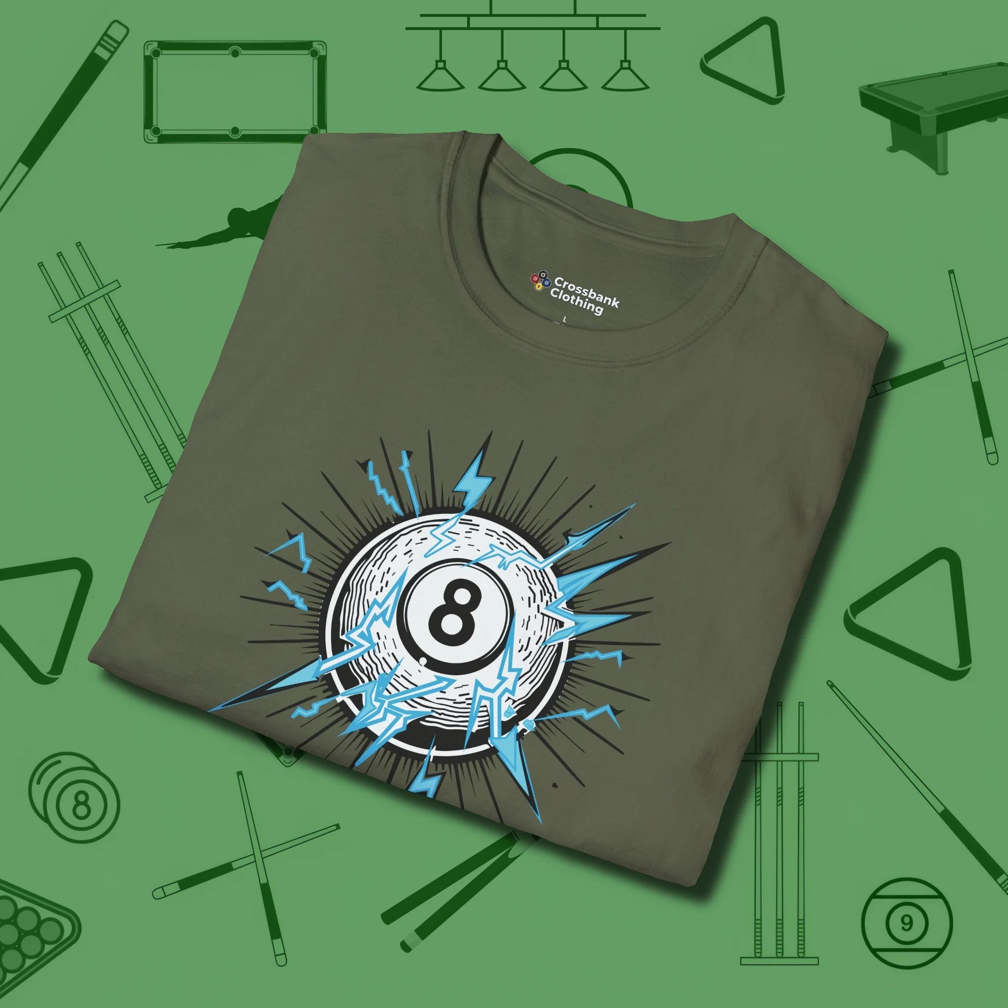 Electric Charge Eight Ball T-Shirt, folded view, in Military Green dress for the shot you want to take