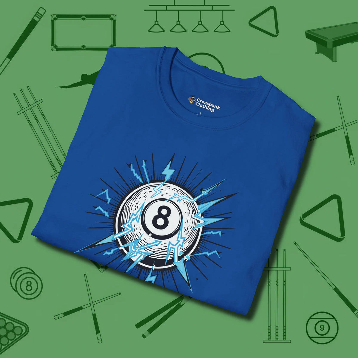 Electric Charge Eight Ball T-Shirt, folded view, in Royal styled to dominate from rack to run-out