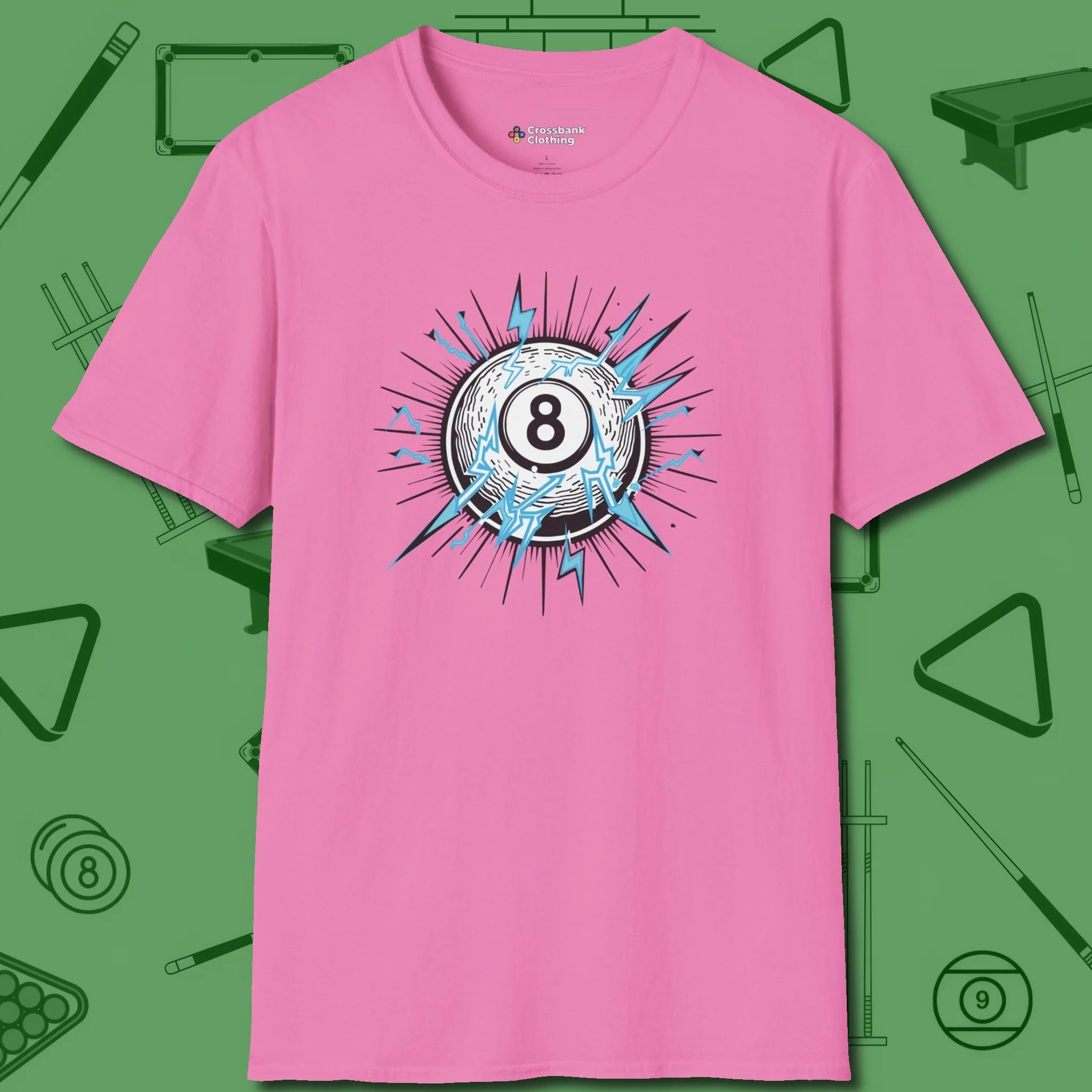 Electric Charge Eight Ball T-Shirt, front view, in Azalea cue up respect every time you wear it