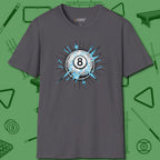 Electric Charge Eight Ball T-Shirt, front view, in Charcoal clean lines for dirty minds