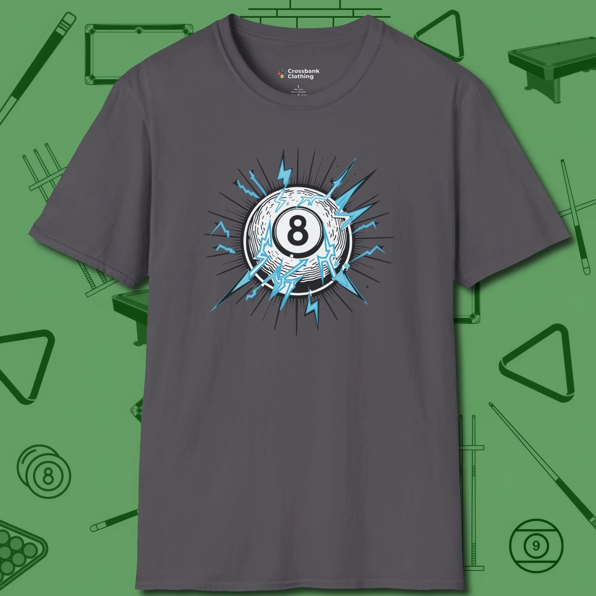 Electric Charge Eight Ball T-Shirt, front view, in Charcoal clean lines for dirty minds