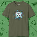 Electric Charge Eight Ball T-Shirt, front view, in Military Green an extension of your pool persona
