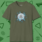 Electric Charge Eight Ball T-Shirt, front view, in Military Green an extension of your pool persona