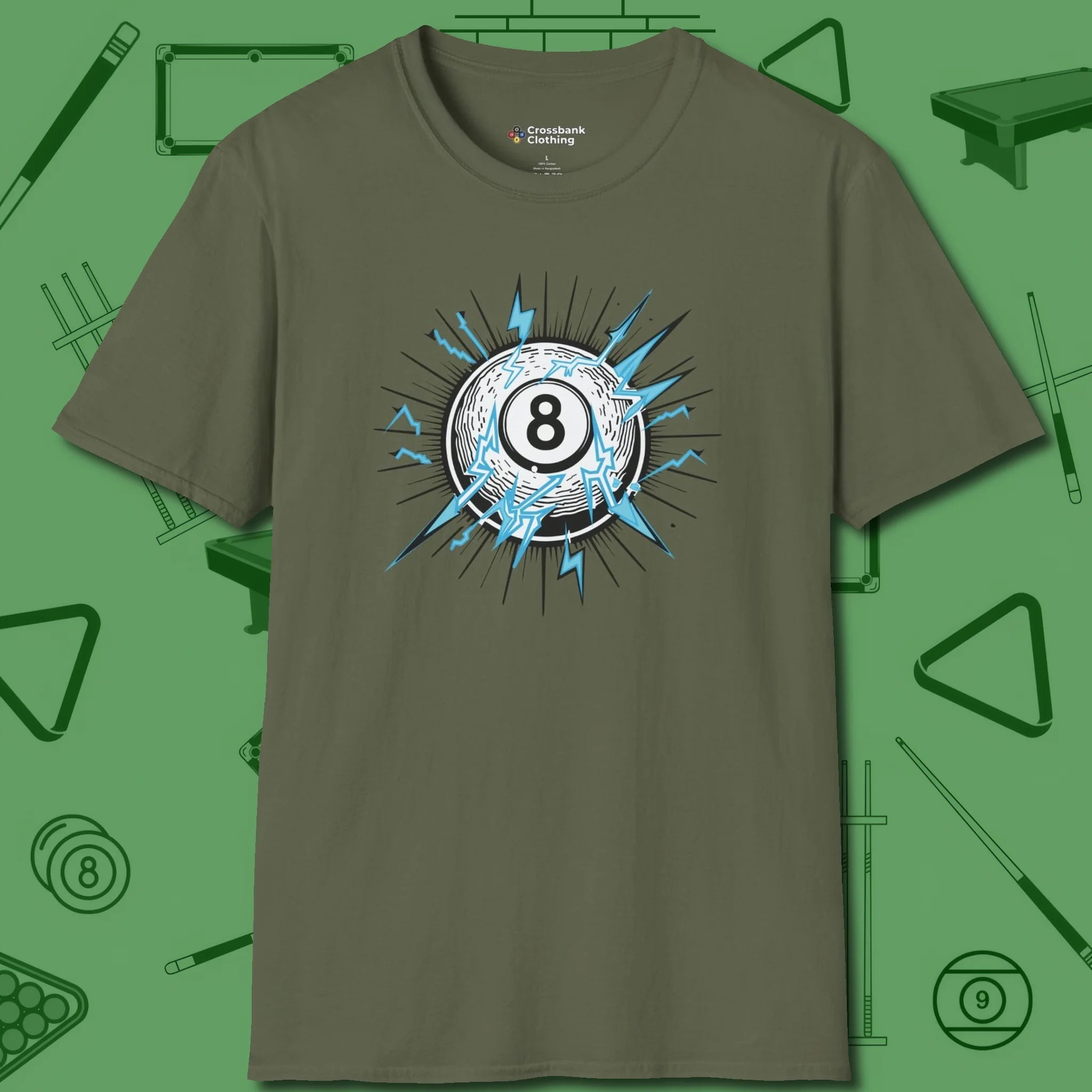 Electric Charge Eight Ball T-Shirt, front view, in Military Green an extension of your pool persona